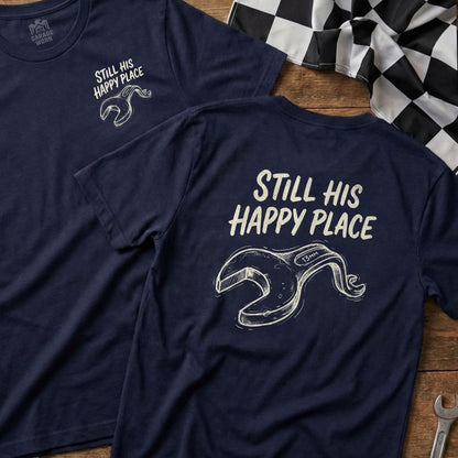 Navy t-shirt with "Still His Happy Place" text and wrench graphic.