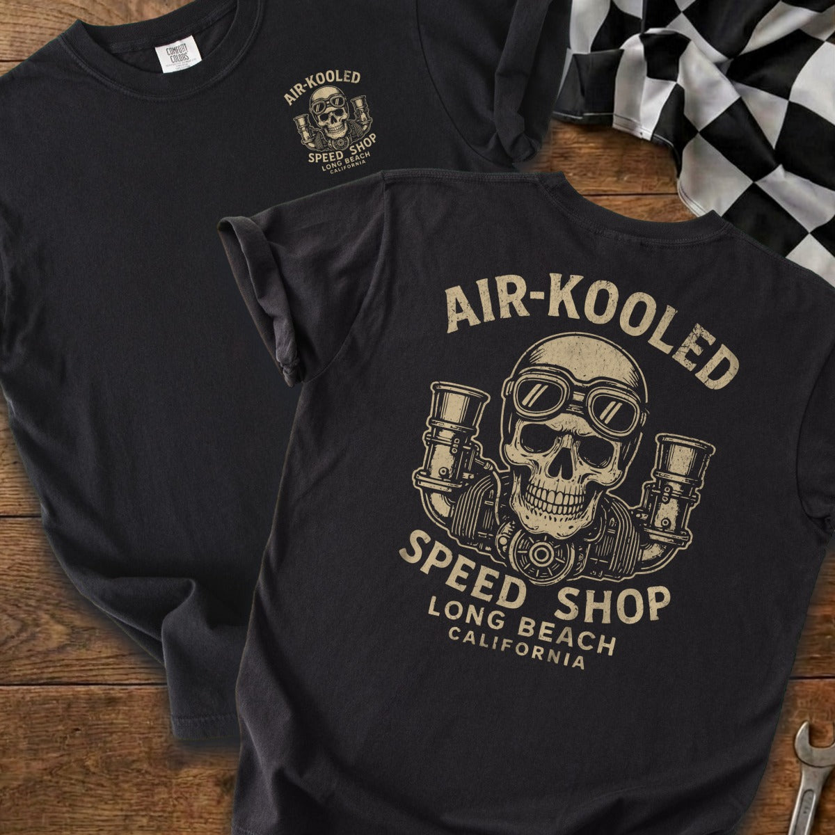 Black t-shirt back features skull with goggles and twin carburetors, text AIR-KOOLED SPEED SHOP.
