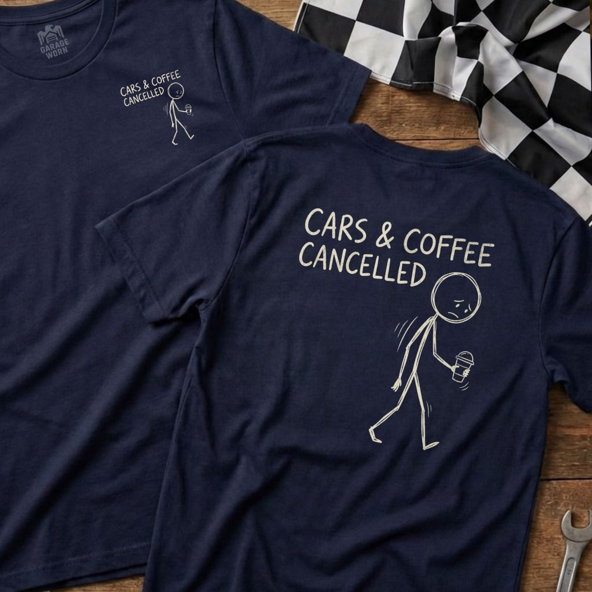 Navy t-shirt with "CARS & COFFEE CANCELLED" and a stick figure holding coffee.