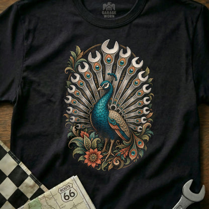 Peacock with wrench tail feathers in ornate floral border on dark t-shirt.