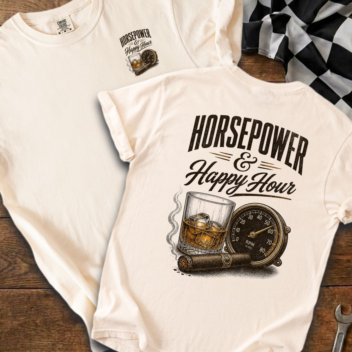 Cream t-shirt with "Horsepower & Happy Hour" text and whiskey, cigar, and speedometer graphic.