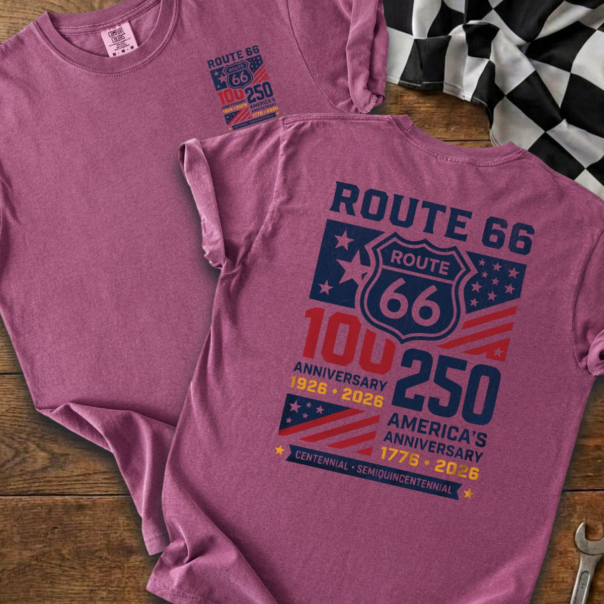 Two maroon t-shirts displaying Route 66 centennial and America's semiquincentennial anniversary designs.