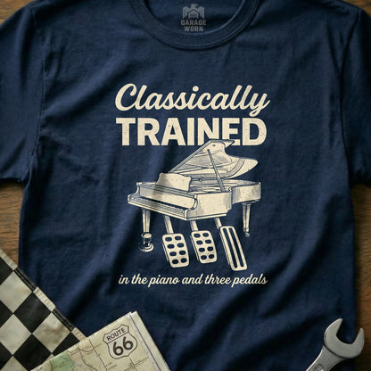 Navy t-shirt with "Classically Trained" text and a piano with three pedals.