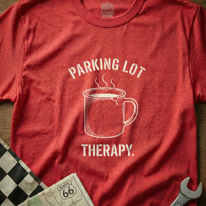 Red t-shirt with "PARKING LOT THERAPY" and steaming coffee mug graphic.