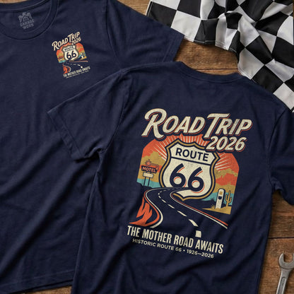 Navy t-shirts with "Road Trip Route 66 2026" graphic.
