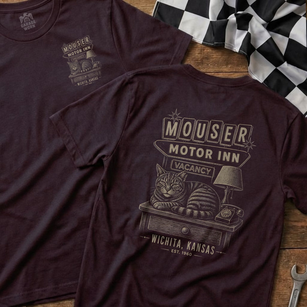 T-shirt with "Mouser Motor Inn" design featuring a cat, lamp, and telephone.