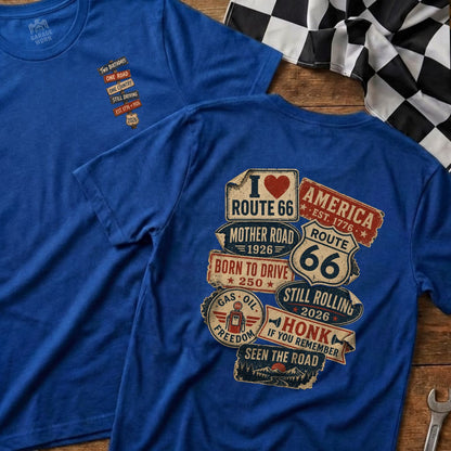 Two blue t-shirts with Route 66 and Americana graphics.