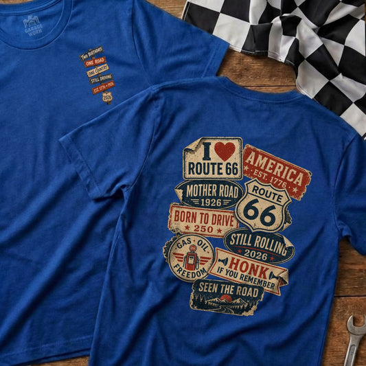 Two blue t-shirts with Route 66 and Americana graphics.