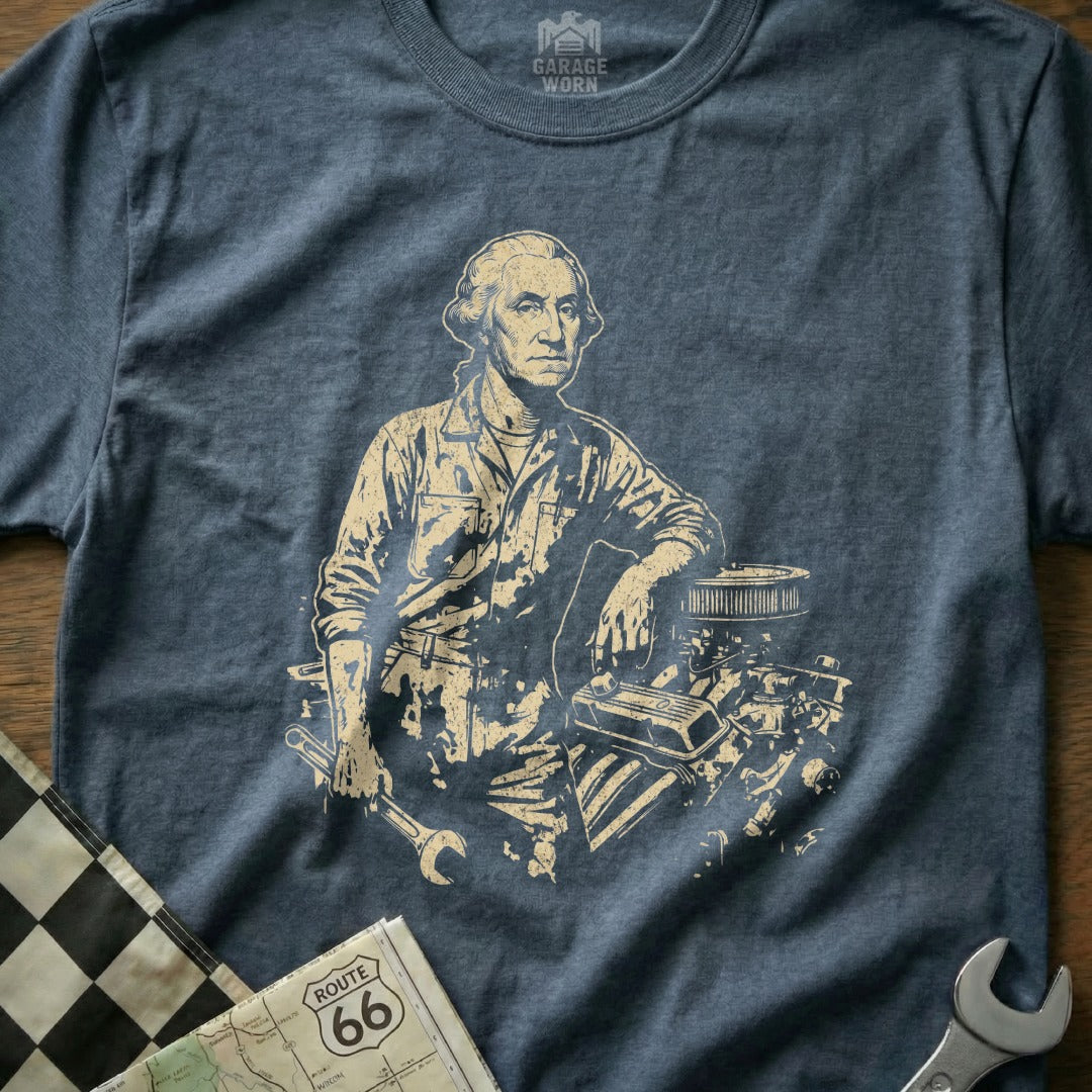 George Washington in a mechanic's uniform leaning on an engine, with tools and map.