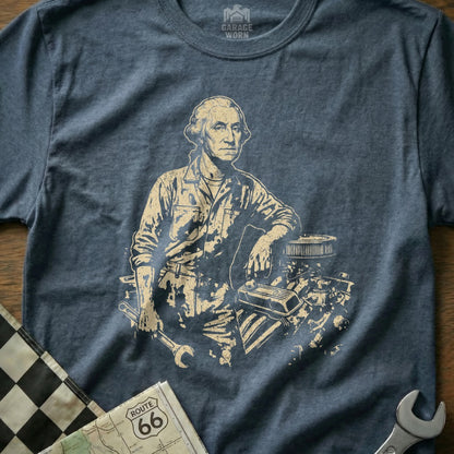 George Washington in a mechanic's uniform leaning on an engine, with tools and map.
