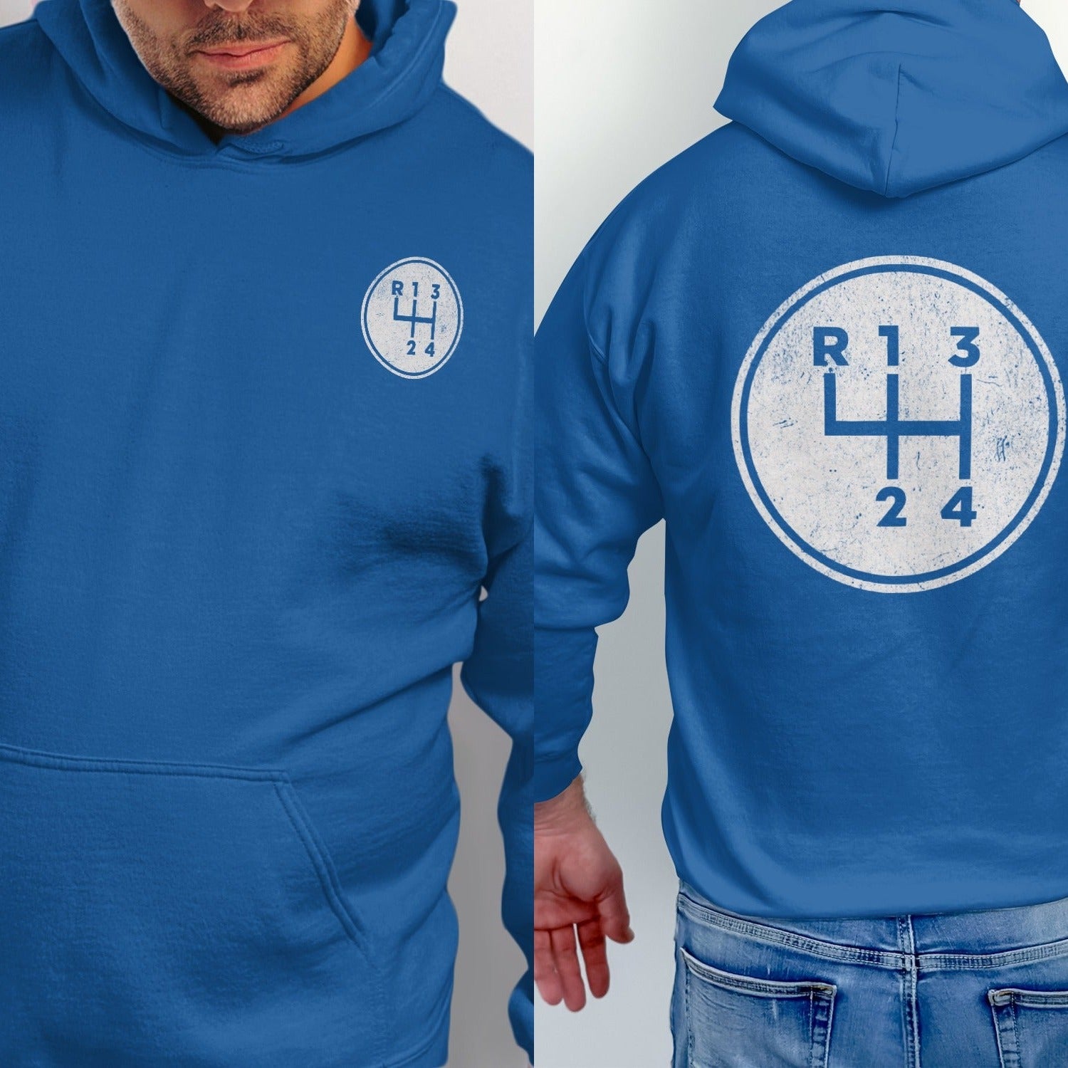 Blue hoodie with a circular manual gear shift graphic on the back and chest.