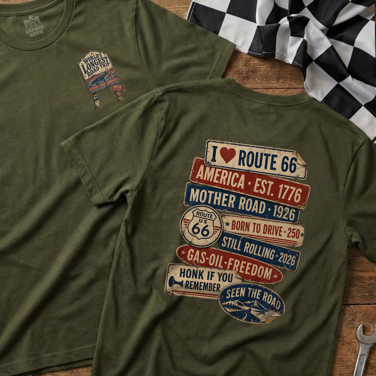 Olive green t-shirt with Route 66 graphic and text.