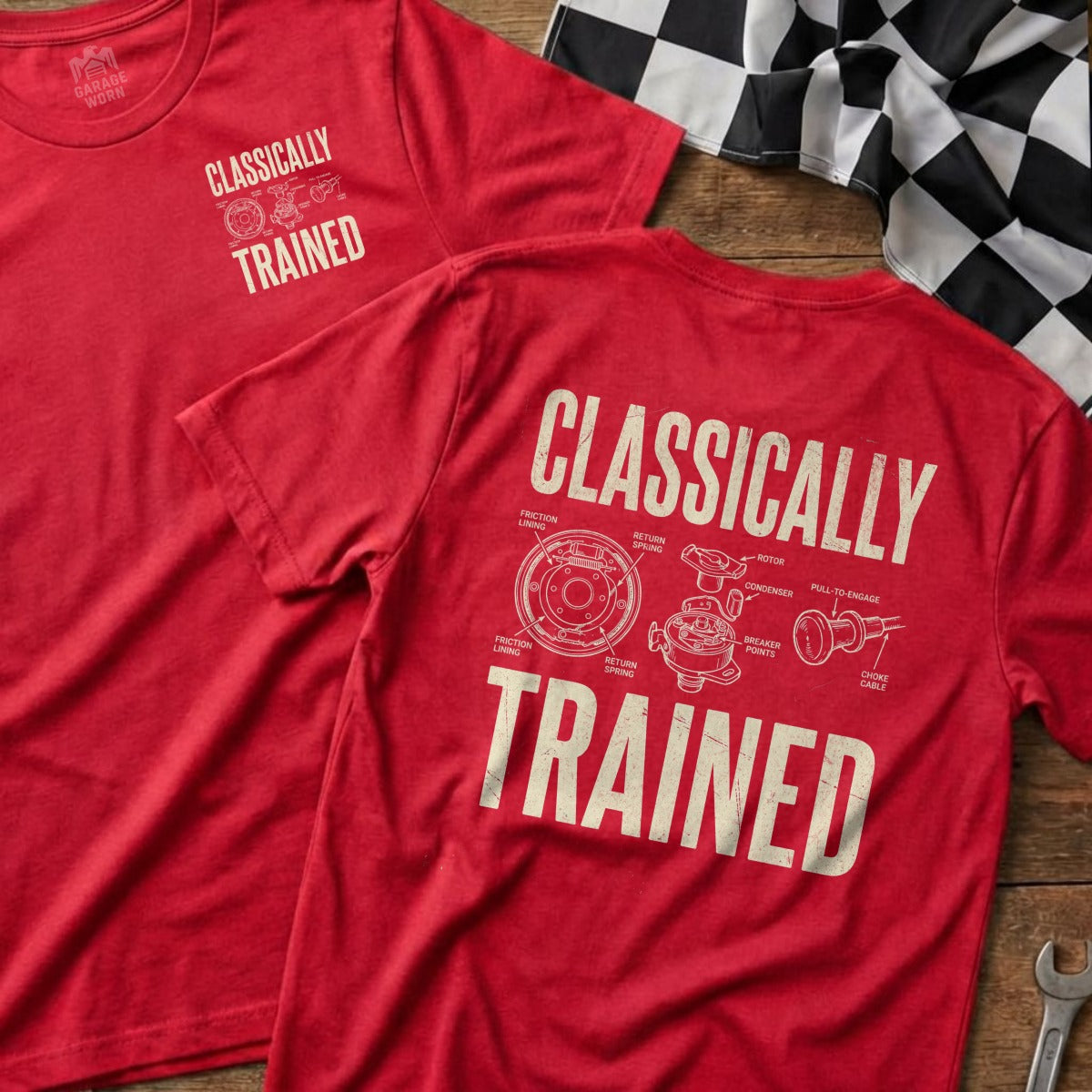 Red t-shirt with "CLASSICALLY TRAINED" and engine diagram in white.