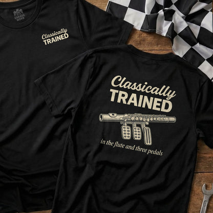 Black t-shirt with "Classically Trained" and a flute with three pedals.