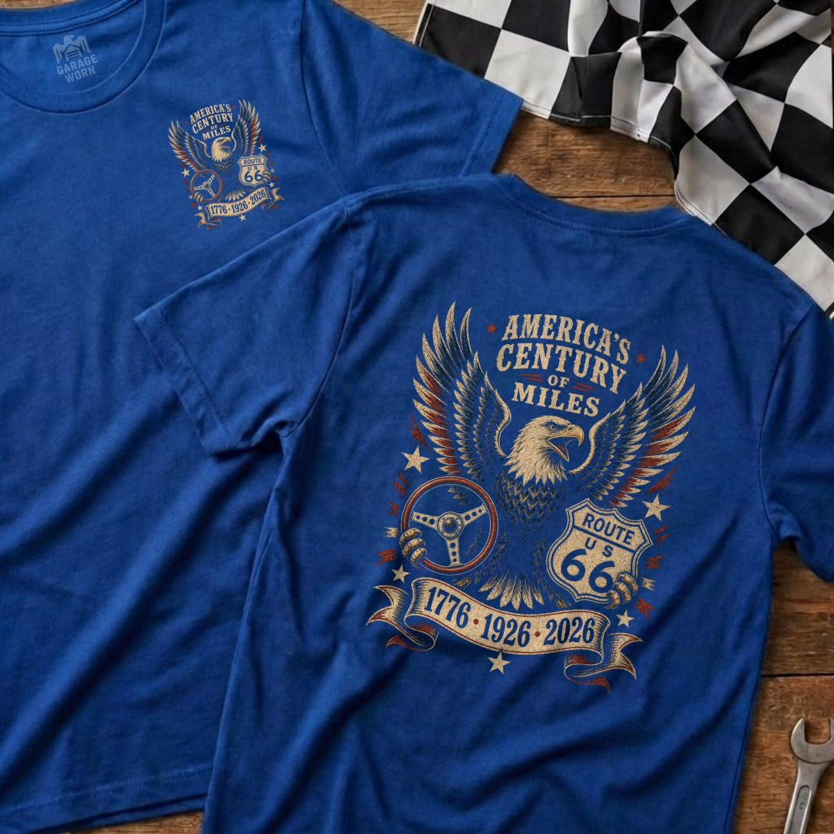 Blue t-shirt with eagle, steering wheel, and "America's Century of Miles" text.