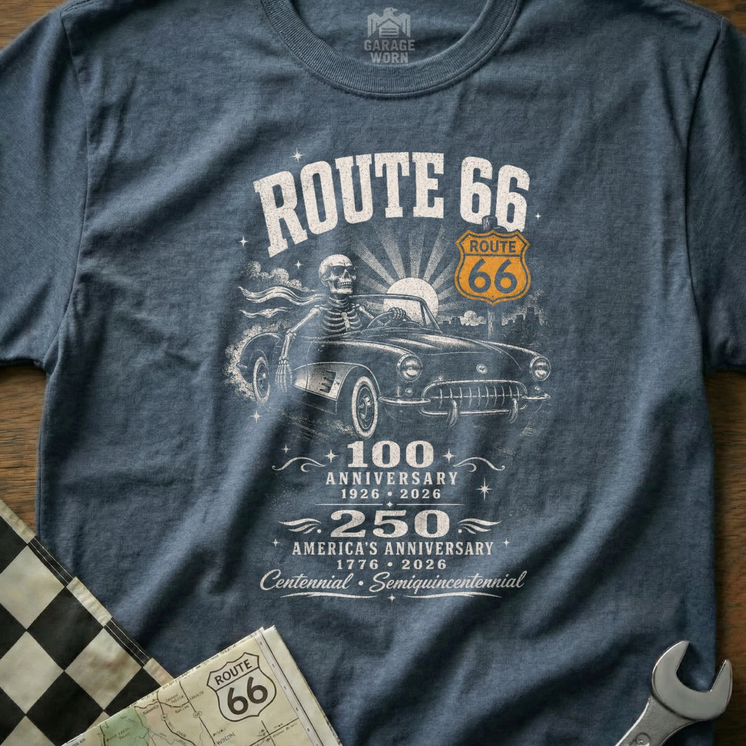 Route 66 shirt with skeleton driving classic car, celebrating 100 and 250 anniversaries.
