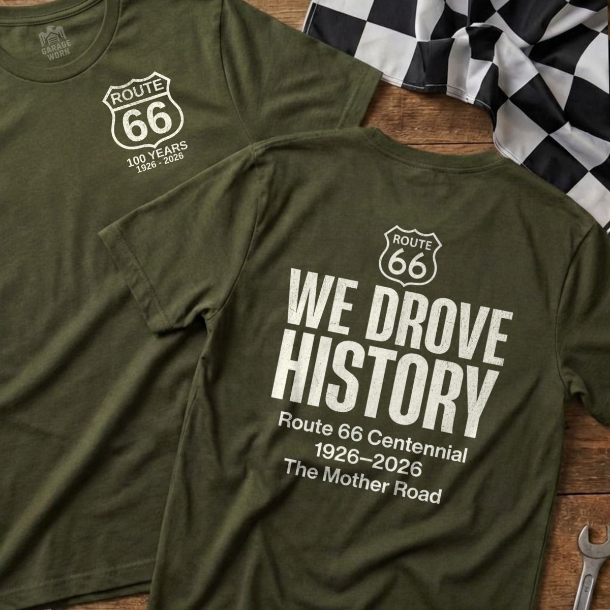 Green t-shirt with Route 66 centennial graphic and "We Drove History" text.