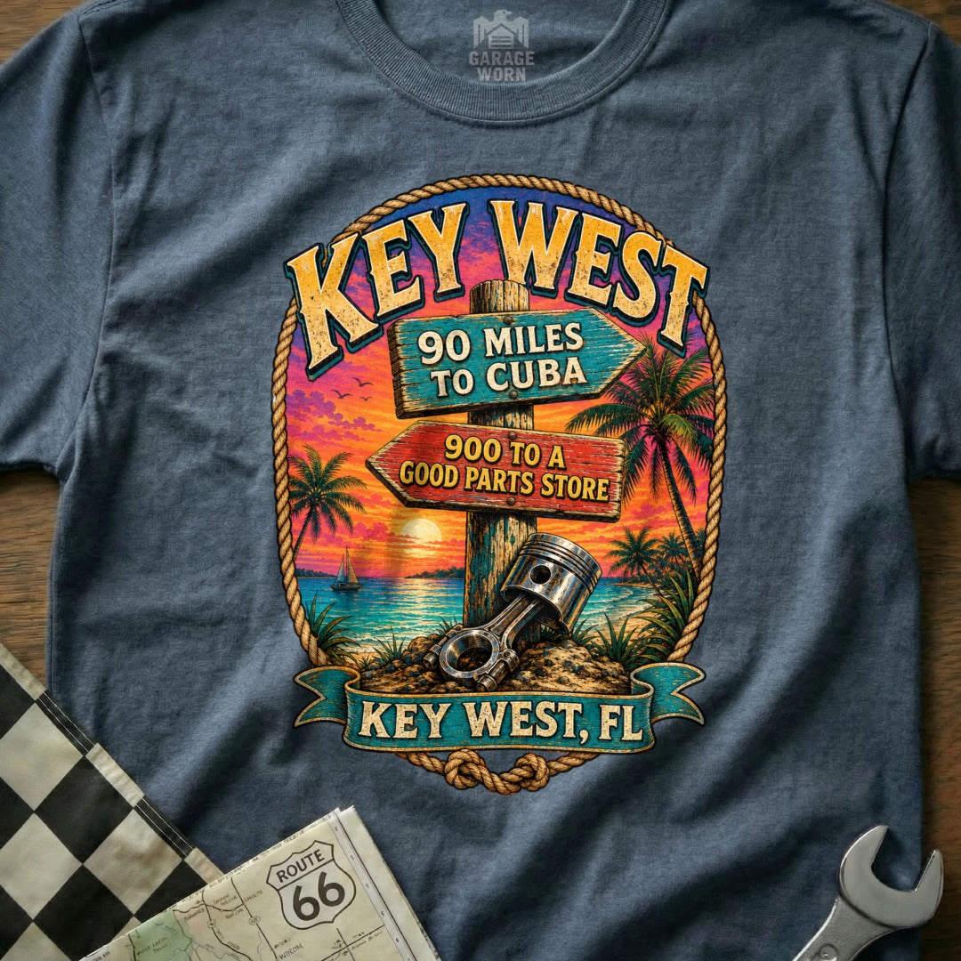 Key West shirt with scenic sunset, palm trees, and a piston and connecting rod.