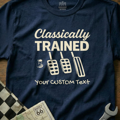 Navy t-shirt with "Classically Trained" and pedal graphics, custom text space.