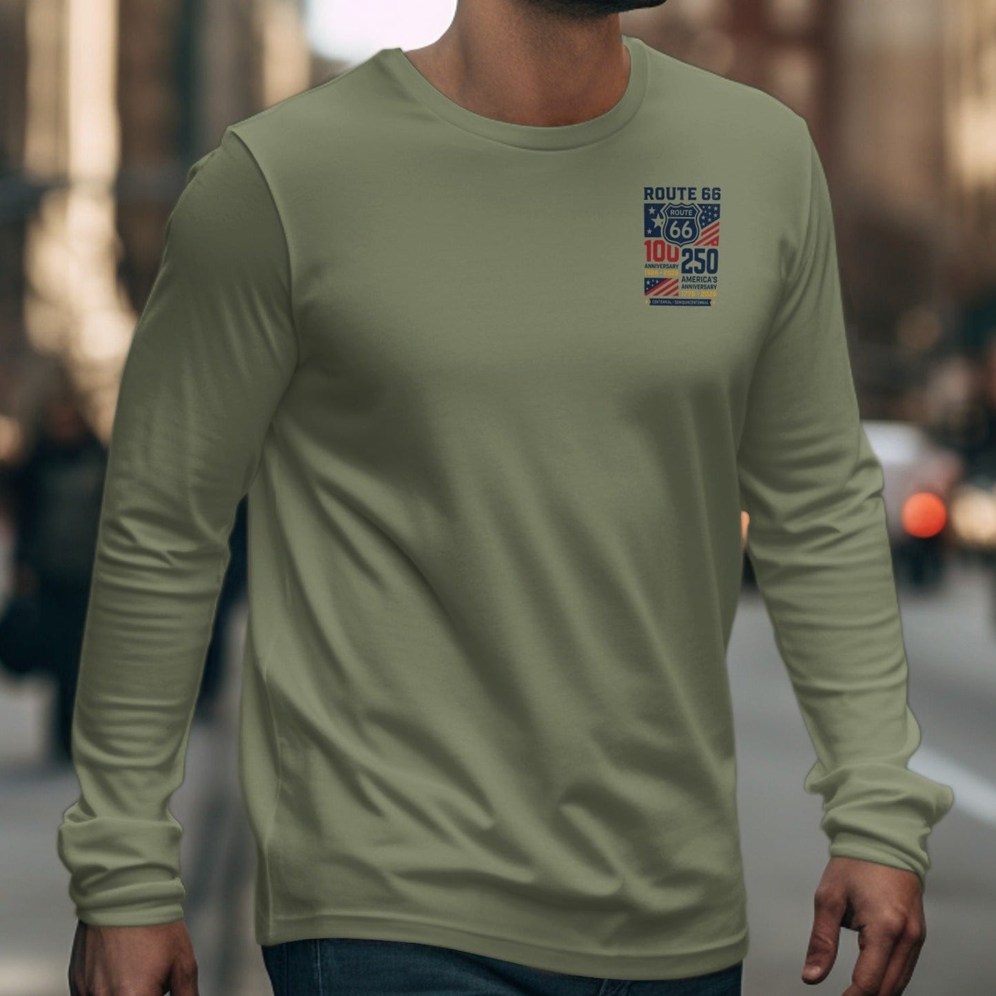 Olive green long-sleeve shirt with Route 66 100th anniversary graphic on chest.