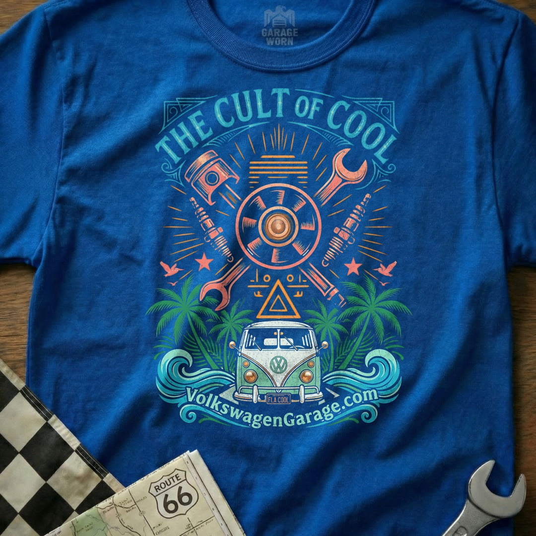 Blue t-shirt with "The Cult of Cool" and VW van graphic.