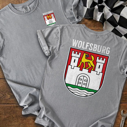 Gray t-shirts featuring the Wolfsburg crest and text.