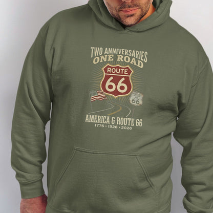 Olive hoodie with Route 66 anniversary graphic "America & Route 66"
