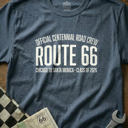 Blue t-shirt with Route 66 Centennial Road Crew text, Chicago to Santa Monica.