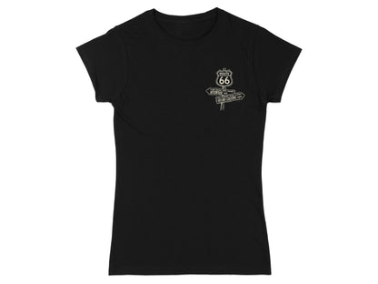 Black t-shirt with Route 66 directional signs for Chicago and Santa Monica.