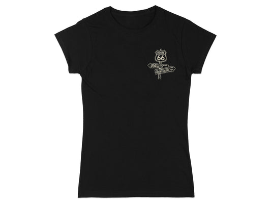 Black t-shirt with Route 66 directional signs for Chicago and Santa Monica.