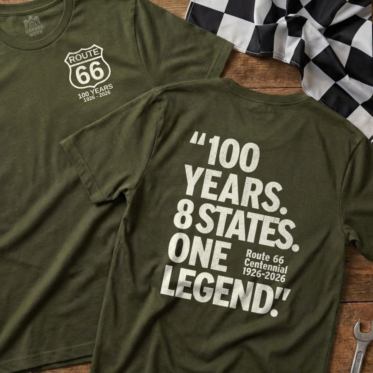 Two olive green t-shirts featuring Route 66 Centennial designs.