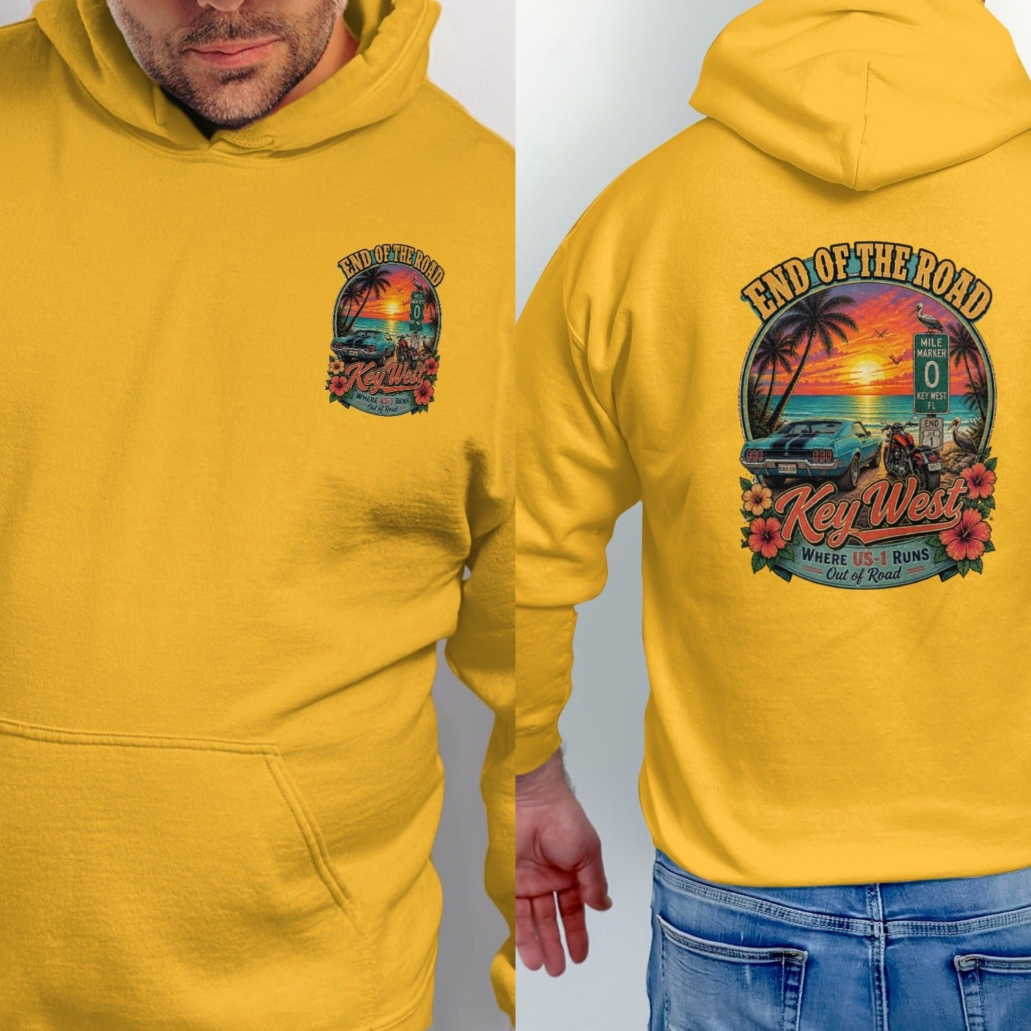Yellow hoodie with a Key West sunset graphic featuring a car, motorcycle, and beach scene.