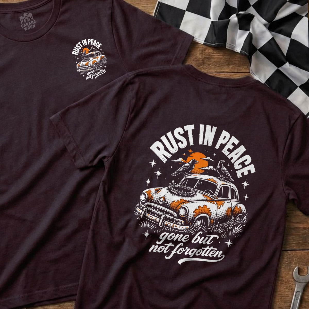 T-shirt with "Rust In Peace" and vintage car graphic.