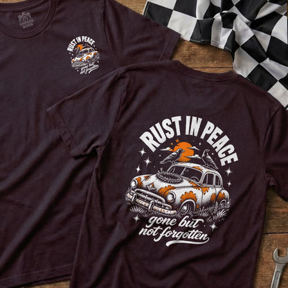 T-shirt with "Rust In Peace" and vintage car graphic.