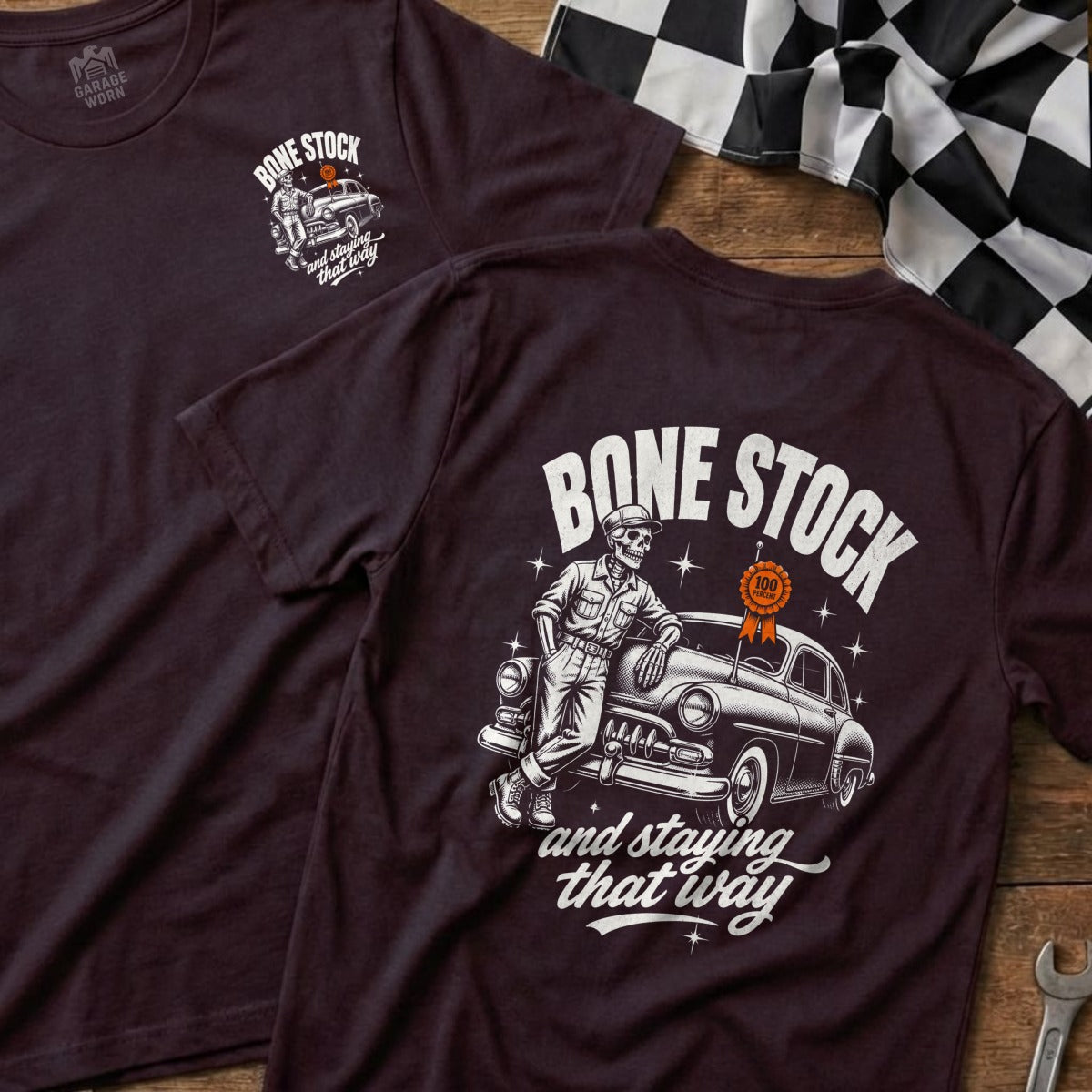 Bone Stock text with skeleton leaning on a classic car, and staying that way.