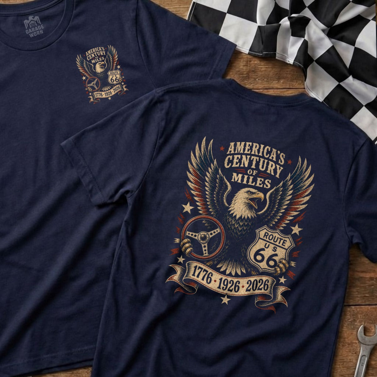 Navy t-shirt with eagle, steering wheel, and Route 66 text.