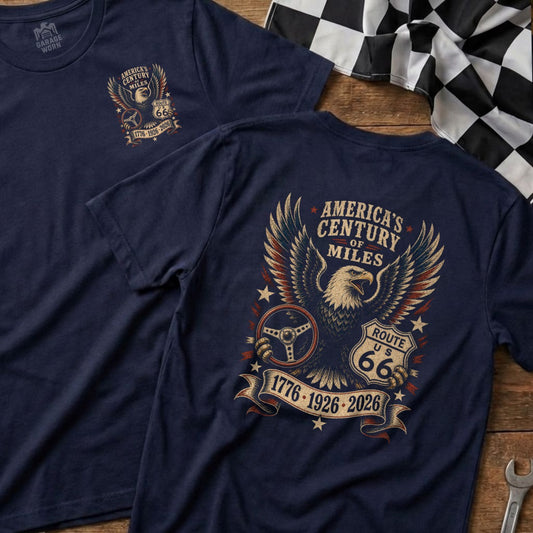 Navy t-shirt with eagle, steering wheel, and Route 66 text.