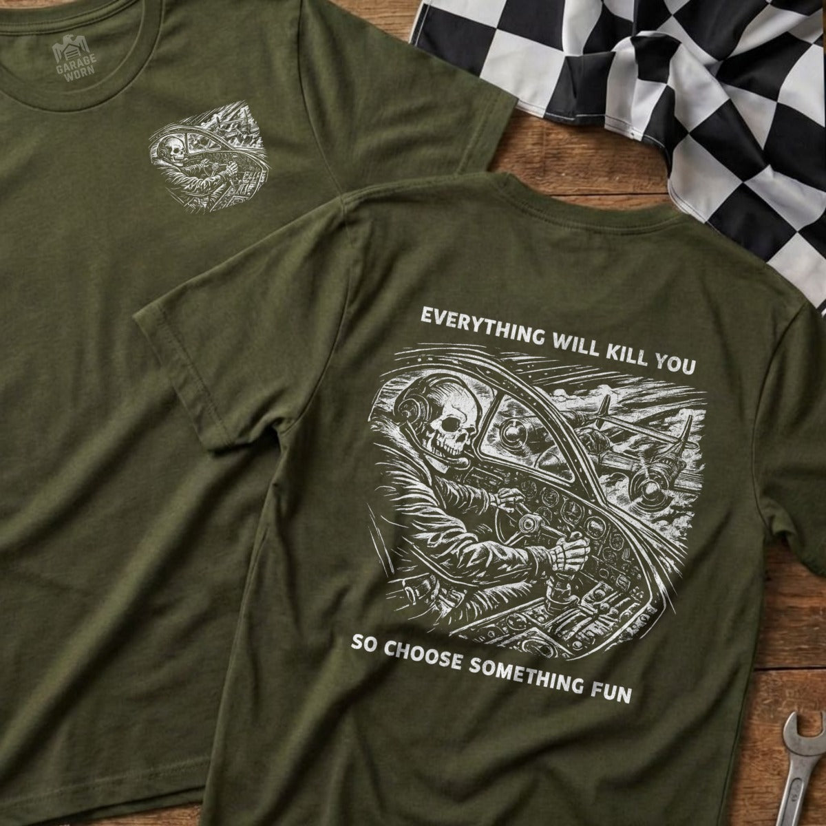 Skull pilot airplane Everything Will Kill You Fun t-shirt product type