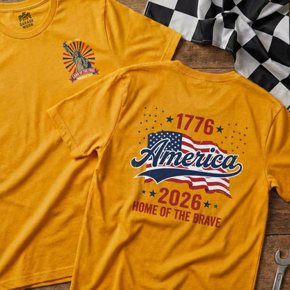 Orange t-shirts with "America 250" and "Home of the Brave" patriotic designs.