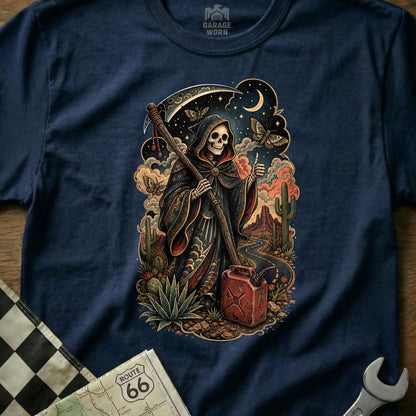 Grim Reaper with scythe in desert under moon, holding gas can and giving thumbs up.