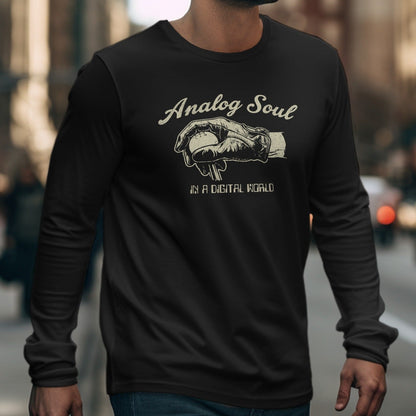 Black long-sleeve shirt with a graphic of a hand holding a record and text.
