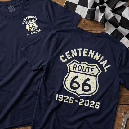 Navy t-shirt with Centennial Route 66 logo and dates 1926-2026.