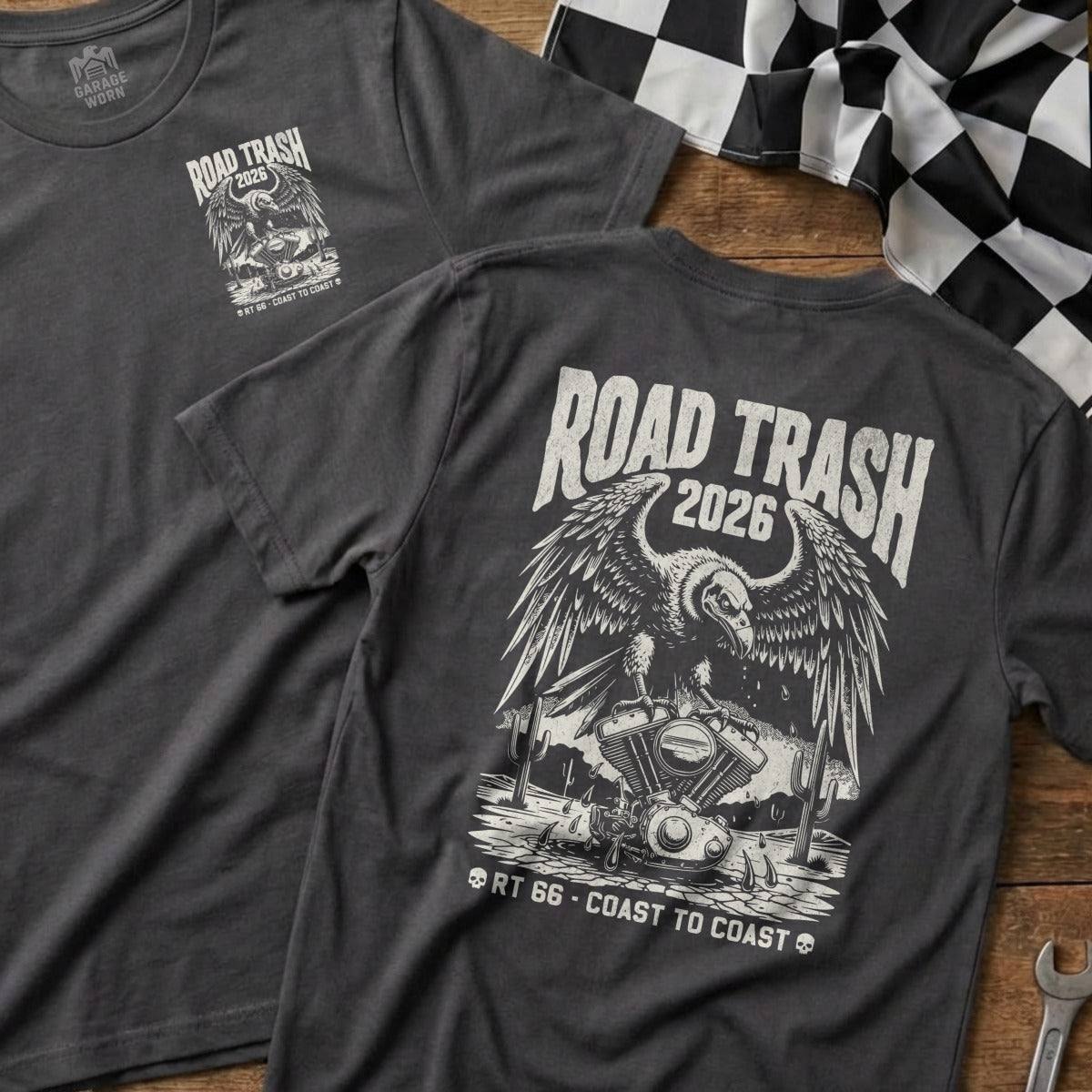 T-shirt with eagle, motorcycle, and "Road Trash 2026" design.