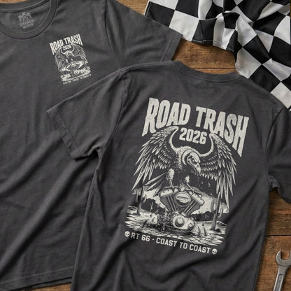 T-shirt with eagle, motorcycle, and "Road Trash 2026" design.