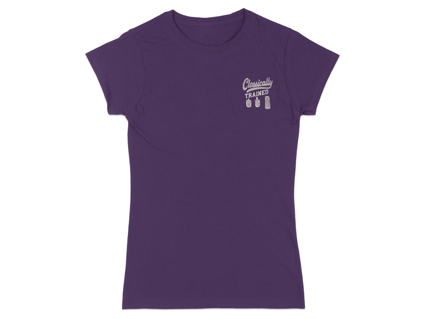 Purple t-shirt with "Classically Trained" and gear shift graphic.