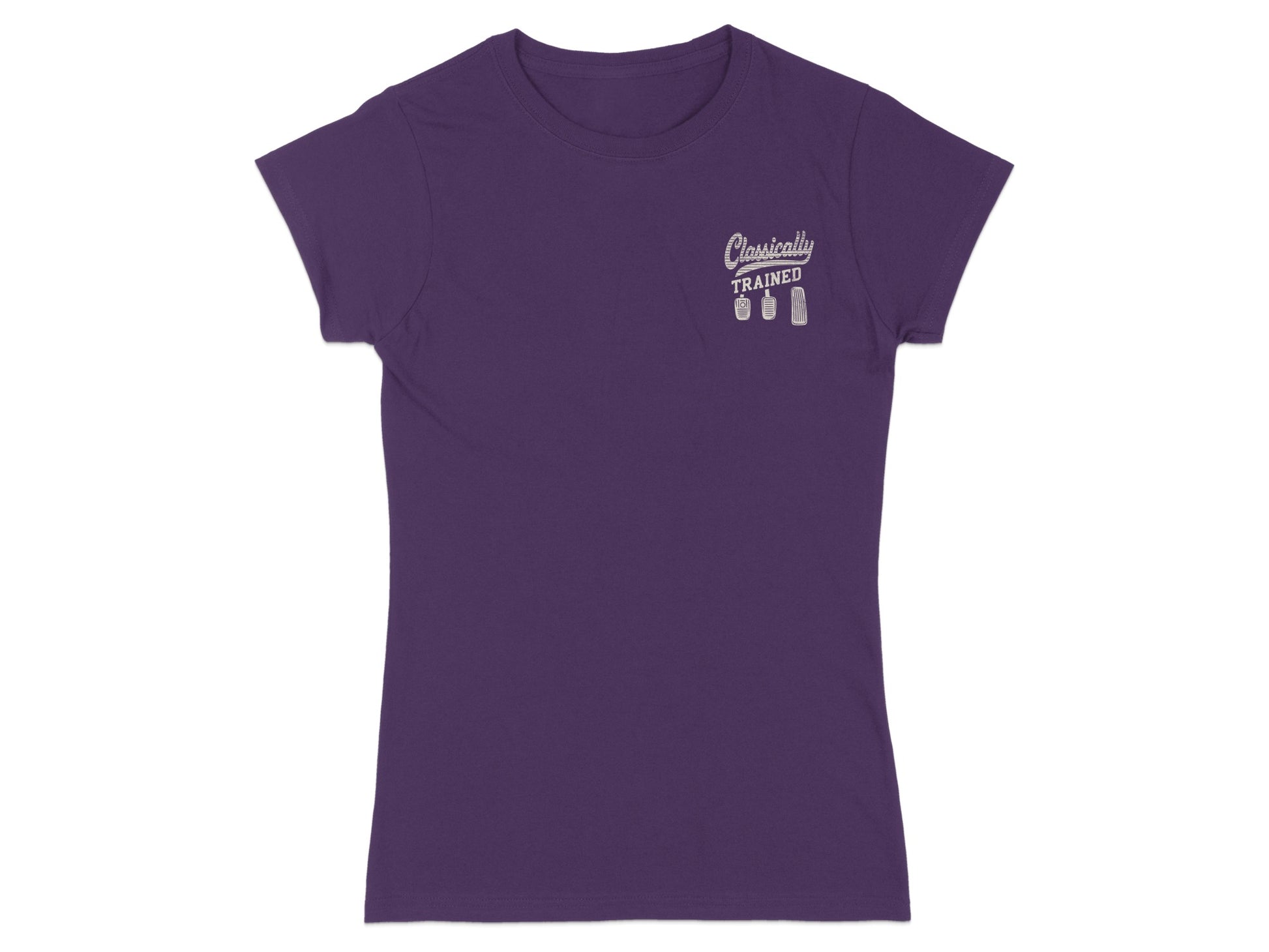 Purple t-shirt with "Classically Trained" and gear shift graphic.