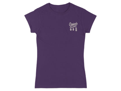 Purple t-shirt with "Classically Trained" and gear shift graphic.