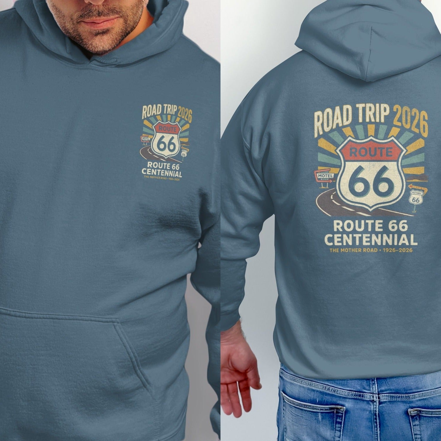 Blue hoodie with Route 66 Centennial Road Trip 2026 graphic on back.