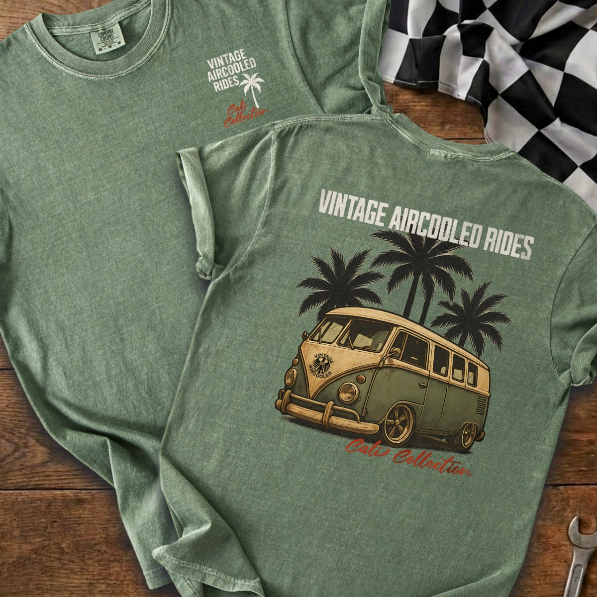 T-shirt with vintage aircooled rides graphic and green van design.