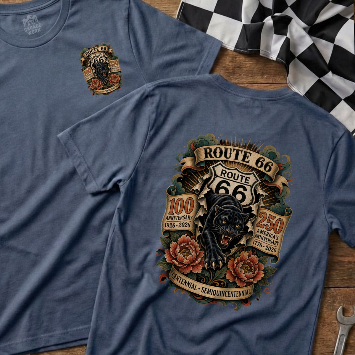 Blue t-shirt with Route 66 centennial graphics and a black panther.